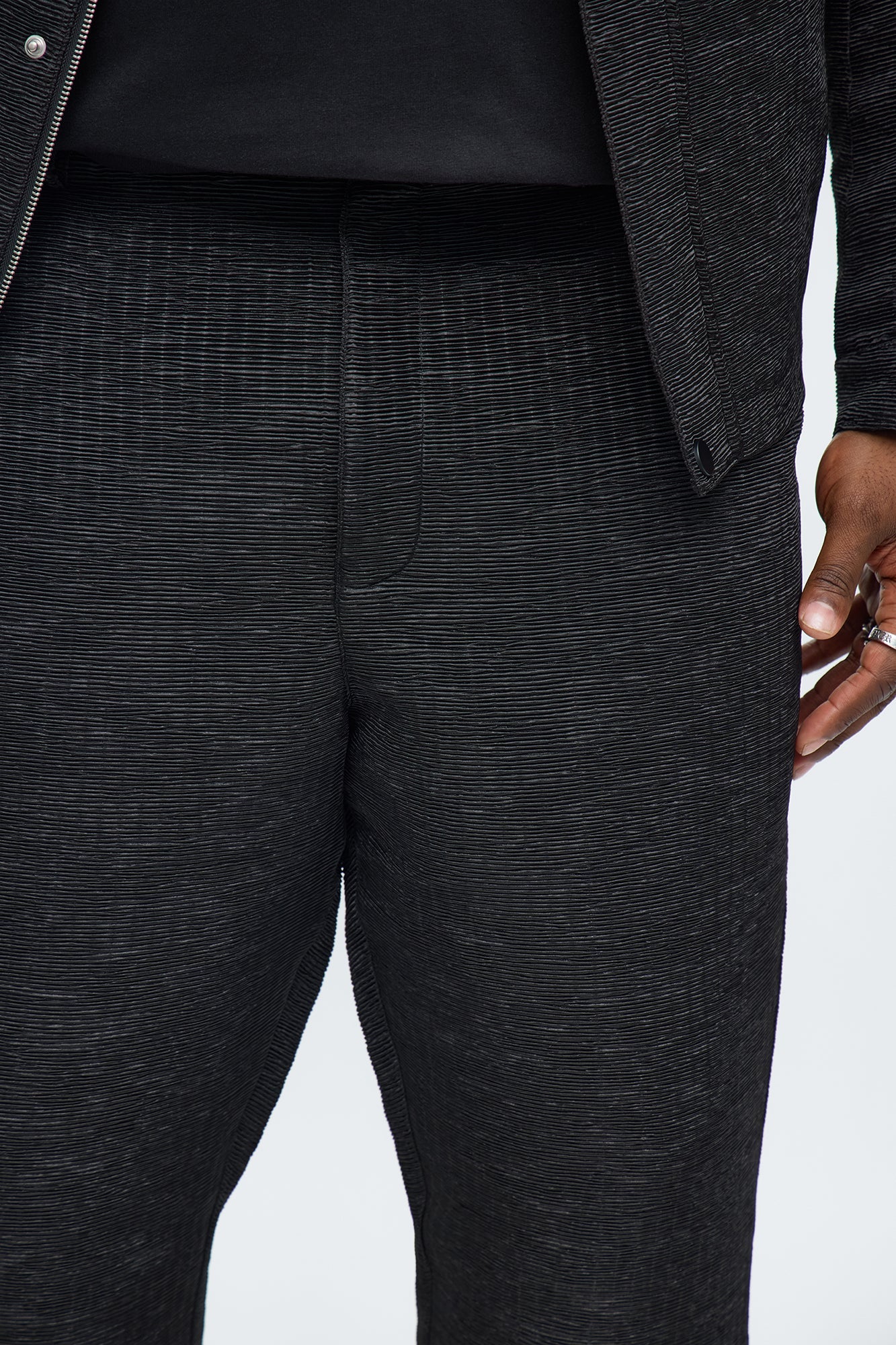 Stacked Straight Flare Textured Michael Slit Pant - Black