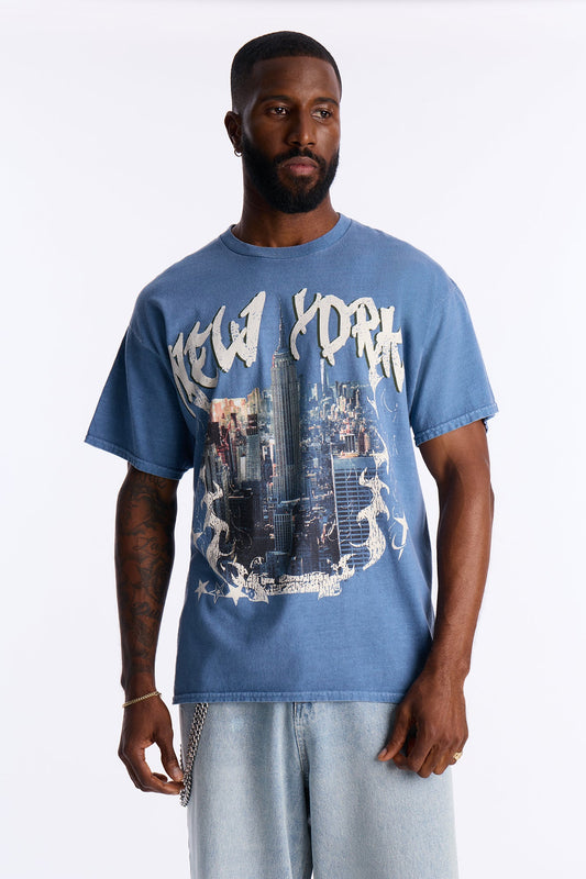 New York Skyscrapers Oversized Short Sleeve Tee - Indigo