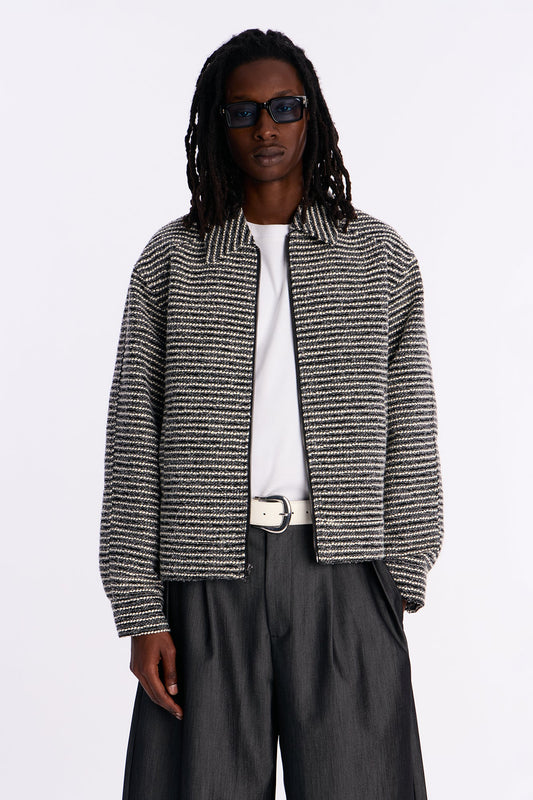 Relaxed Cropped Tweed Bomber Jacket - Grey