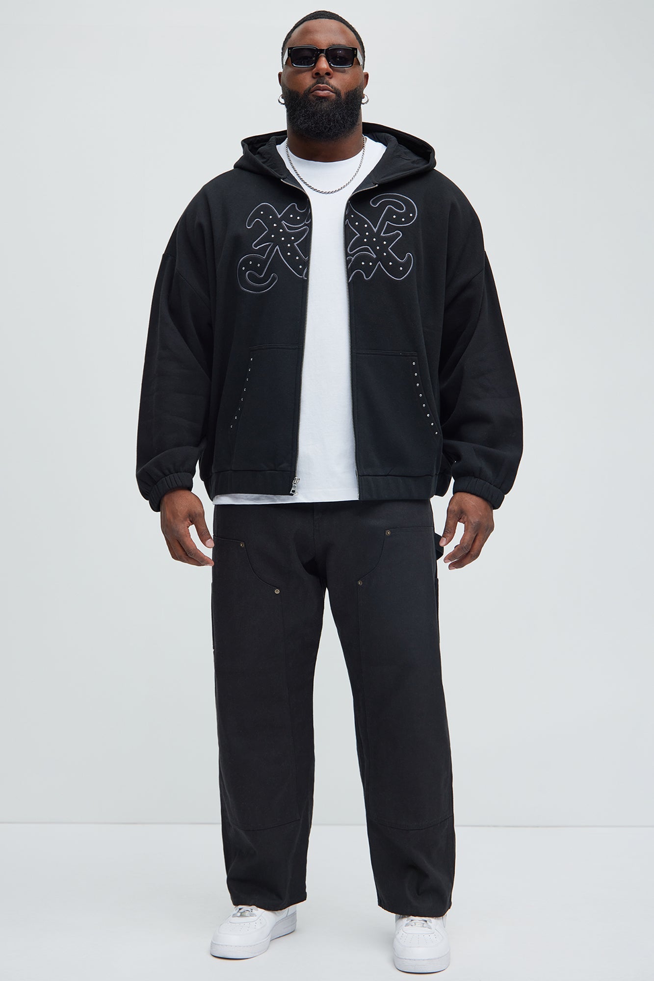 Tyson Rhinestone Oversized Zip Up Hoodie - Black