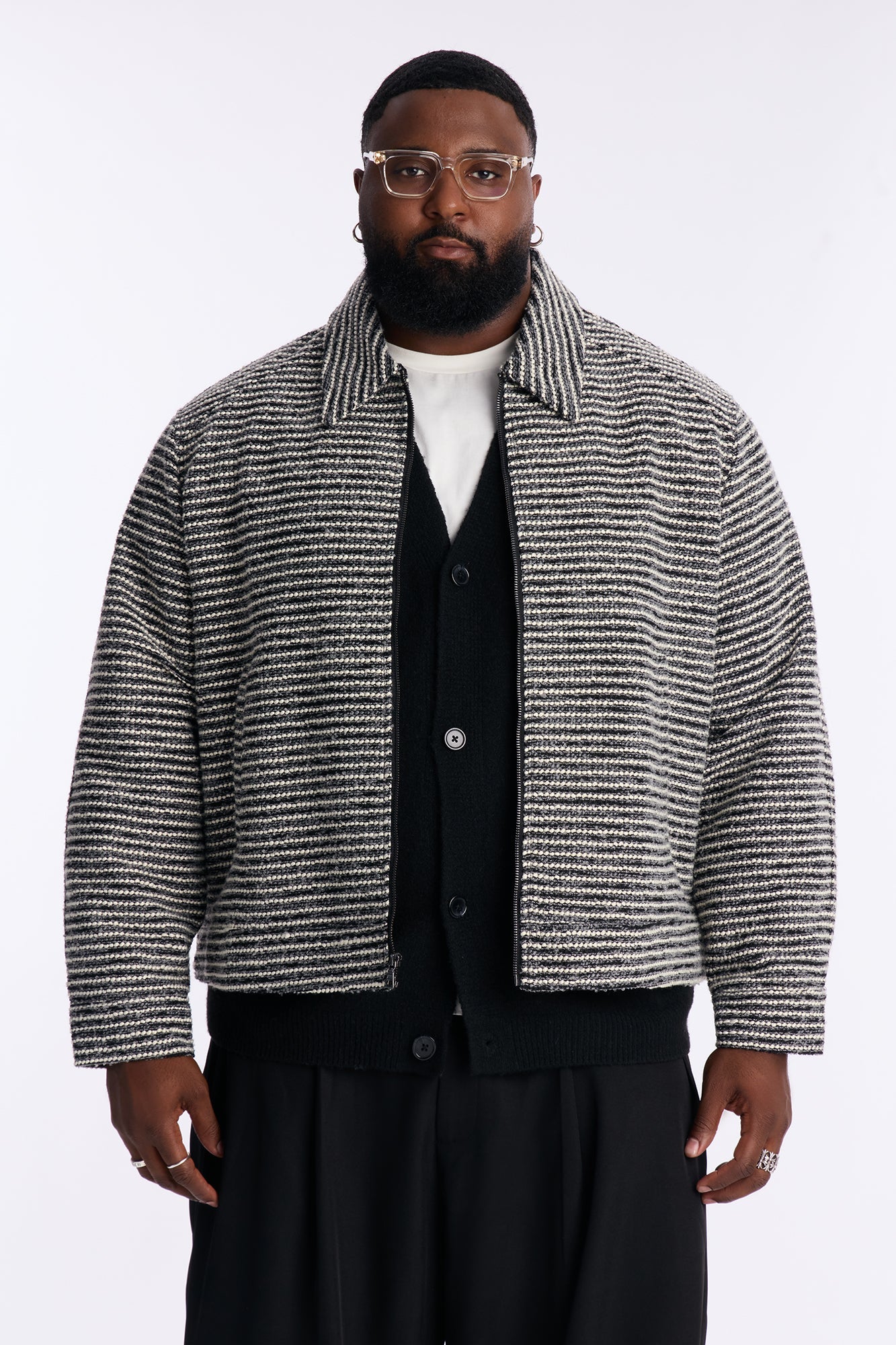 Relaxed Cropped Tweed Bomber Jacket - Grey