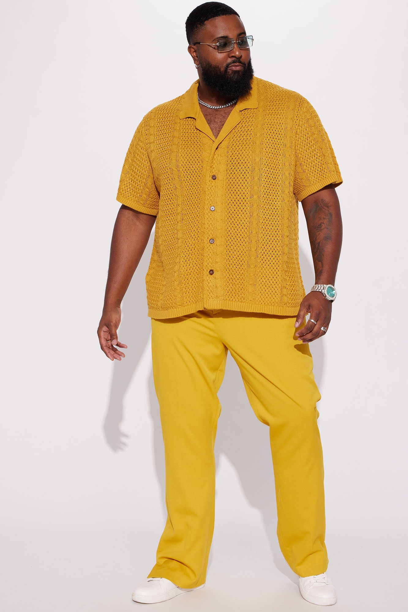 Unwind Cable Knit Short Sleeve Button Up - Mustard