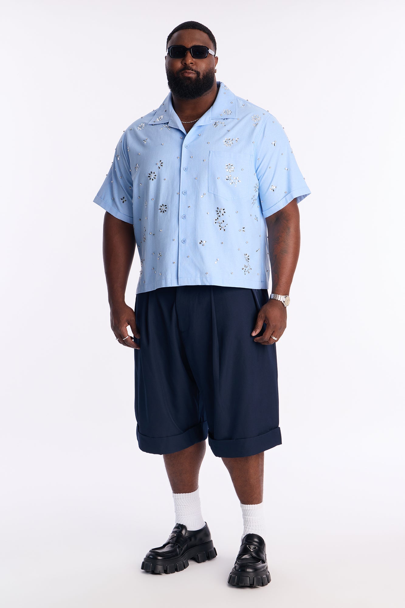 Chrome Bloom Cuban Button Up Shirt - Light Blue