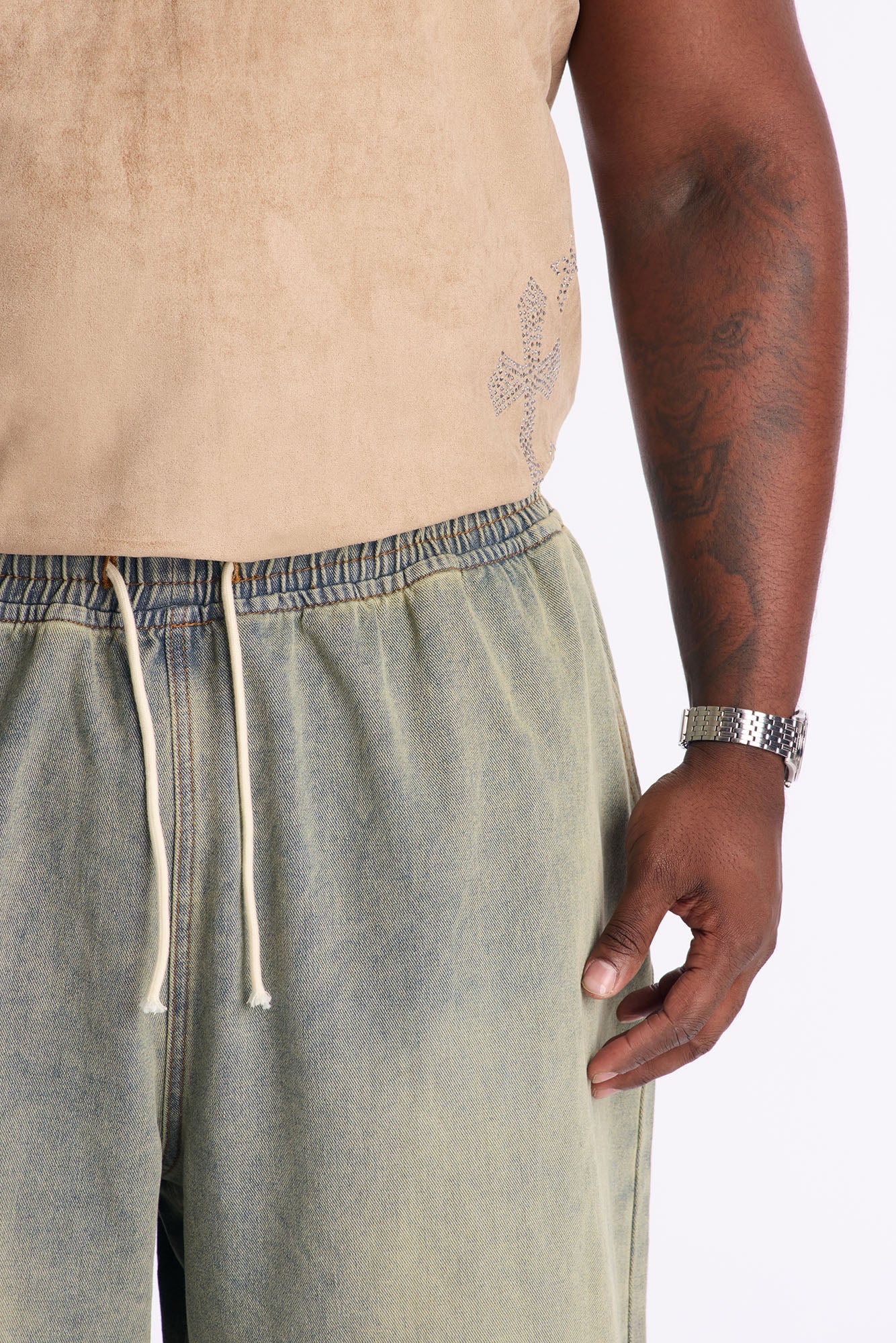 Baggy Love Cross Jeweled Denim Short - Vintage Wash