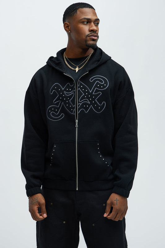 Tyson Rhinestone Oversized Zip Up Hoodie - Black