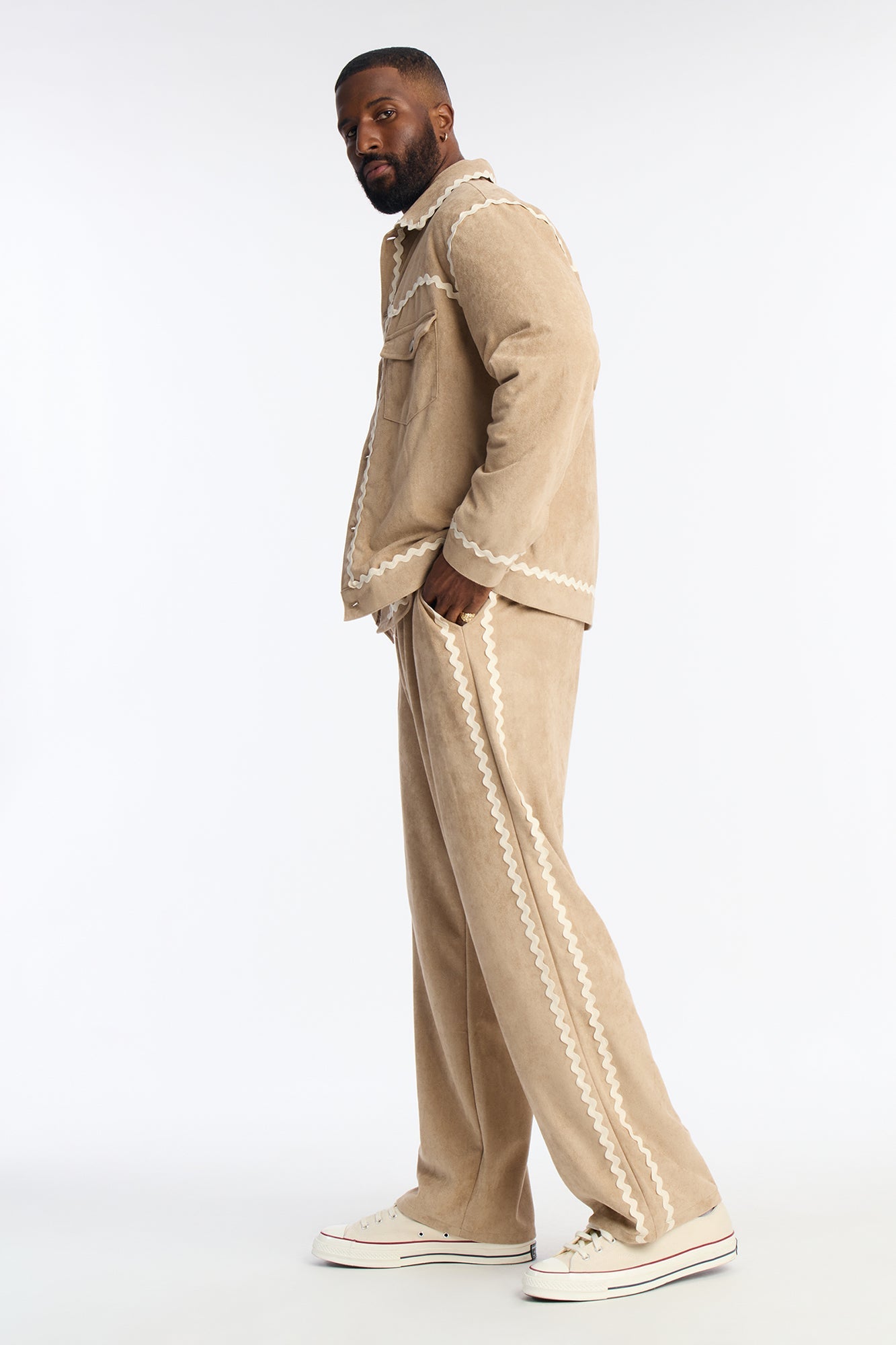 Baggy Stone Wash Story Contrast Suede Pant - Stone