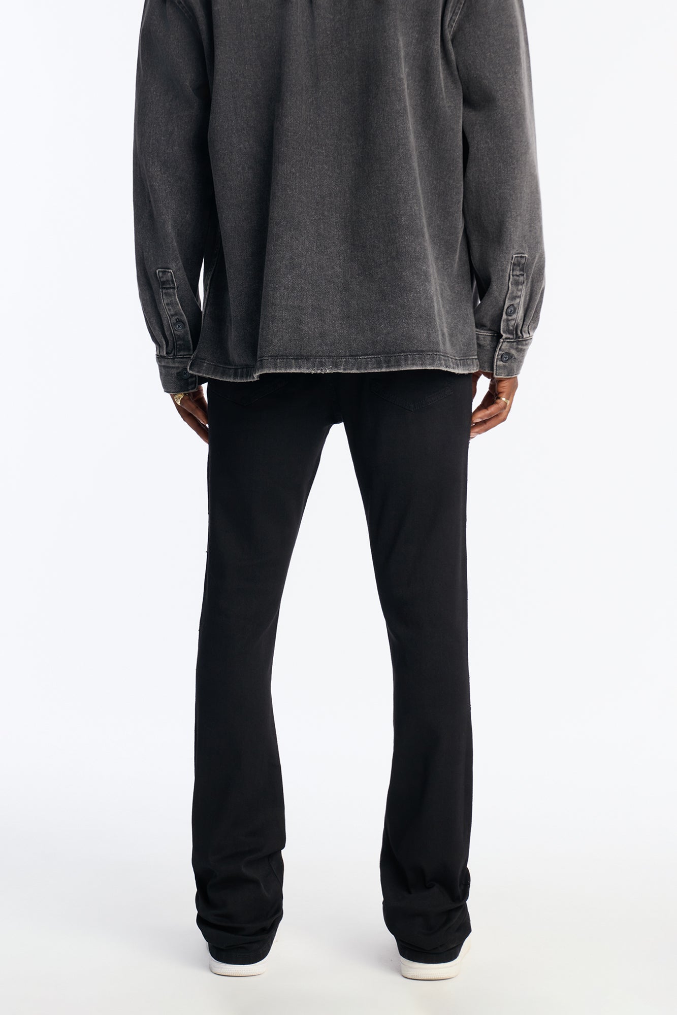 Stacked Skinny Flare Embroidered Saint Jeweled Jean - Black