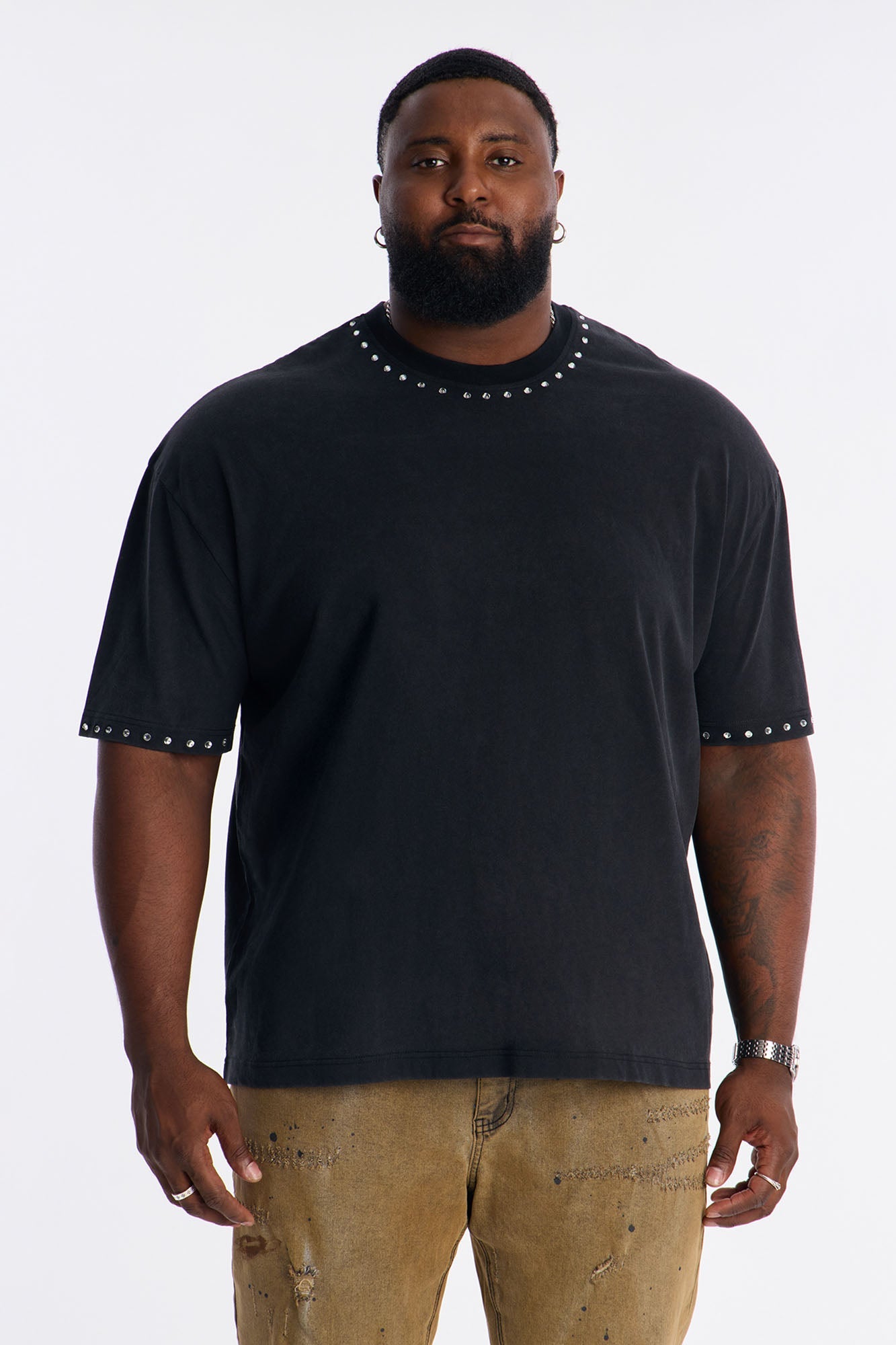 Rhinestone Embellished Knit Tee - Black