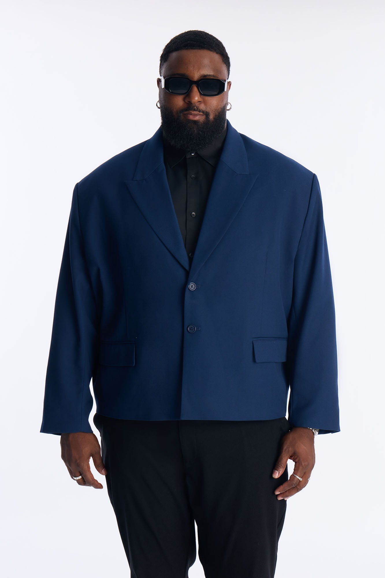 Cropped Peak Lapel Single Breasted Blazer - Navy