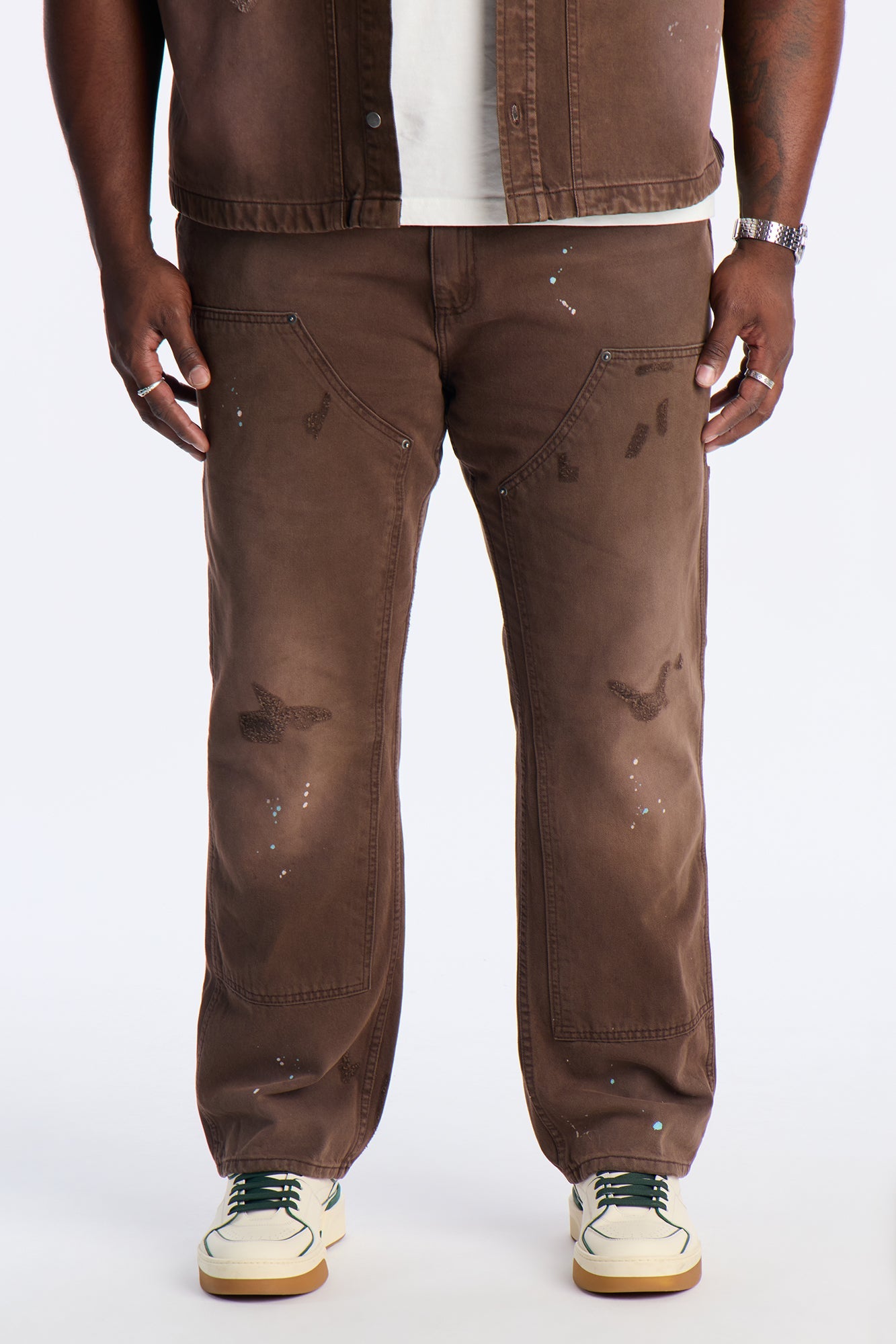 Straight Splatter Paint Distressed Carpenter Work Pant - Brown
