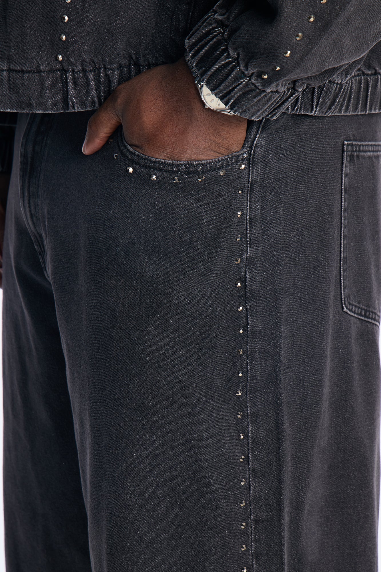 Baggy Lined Up Jewels Denim Short - Black Wash