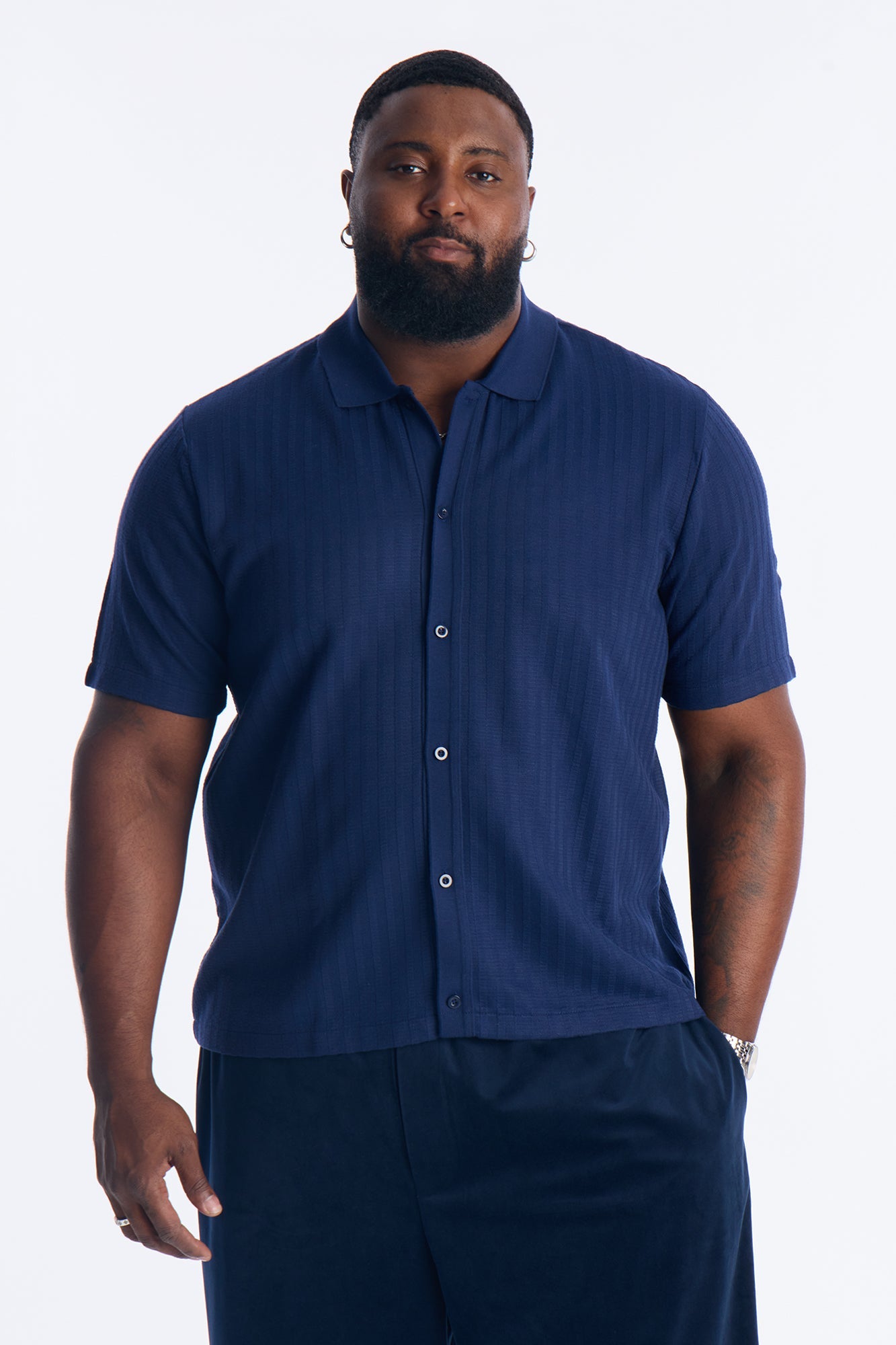 Shadow Button Striped Button Up - Navy