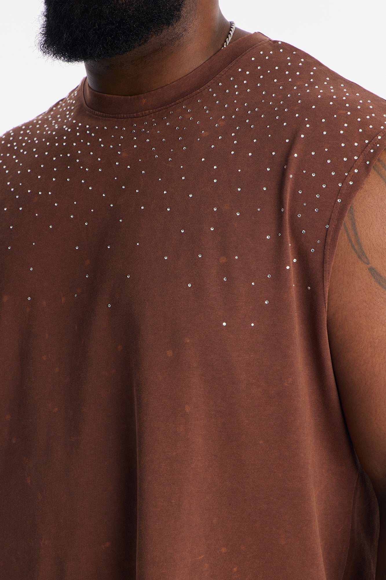 Embellished Stone Muscle Tee - Brown