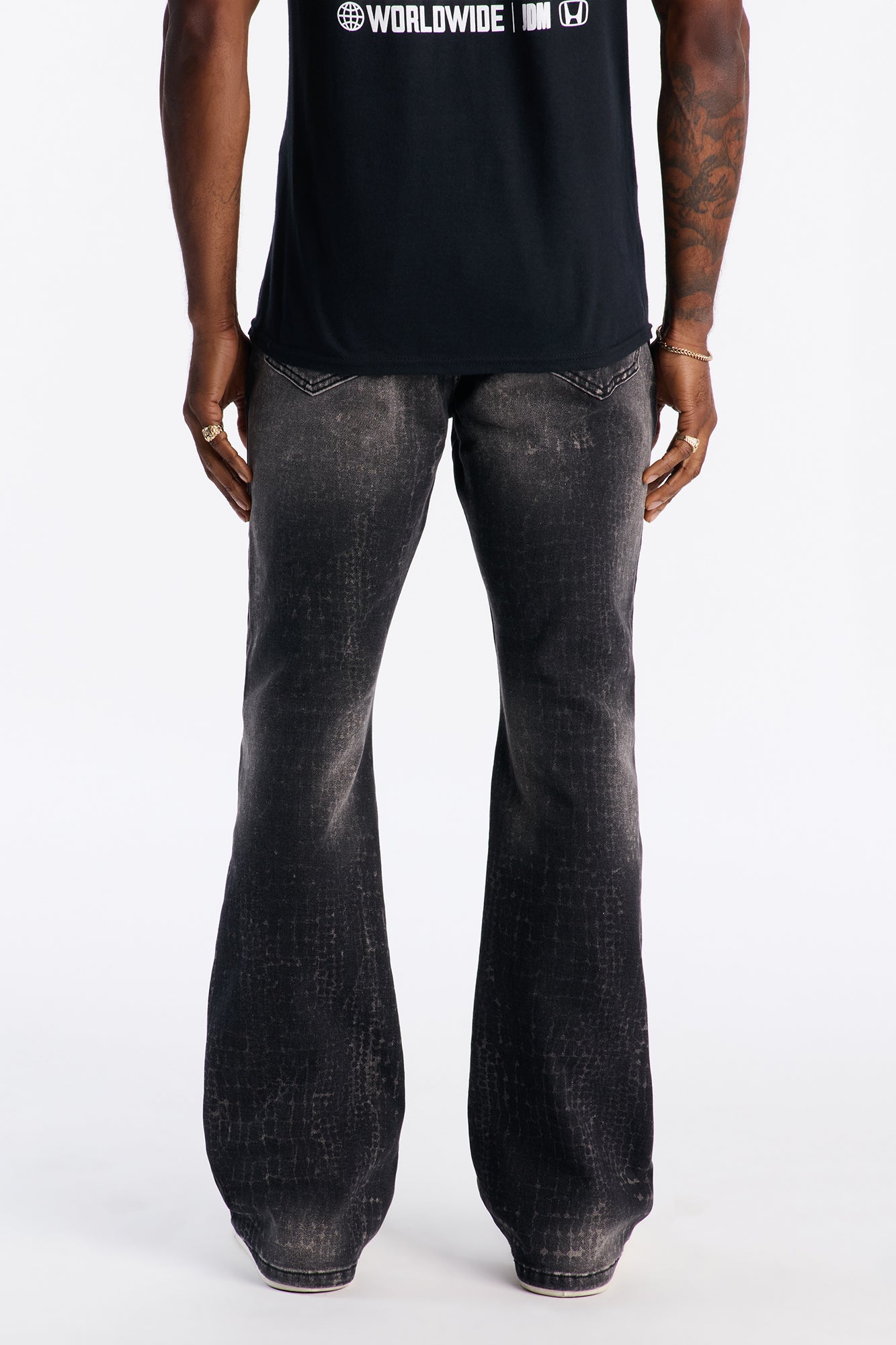 Stacked Skinny Flare Bleach Croc Jean - Black Wash