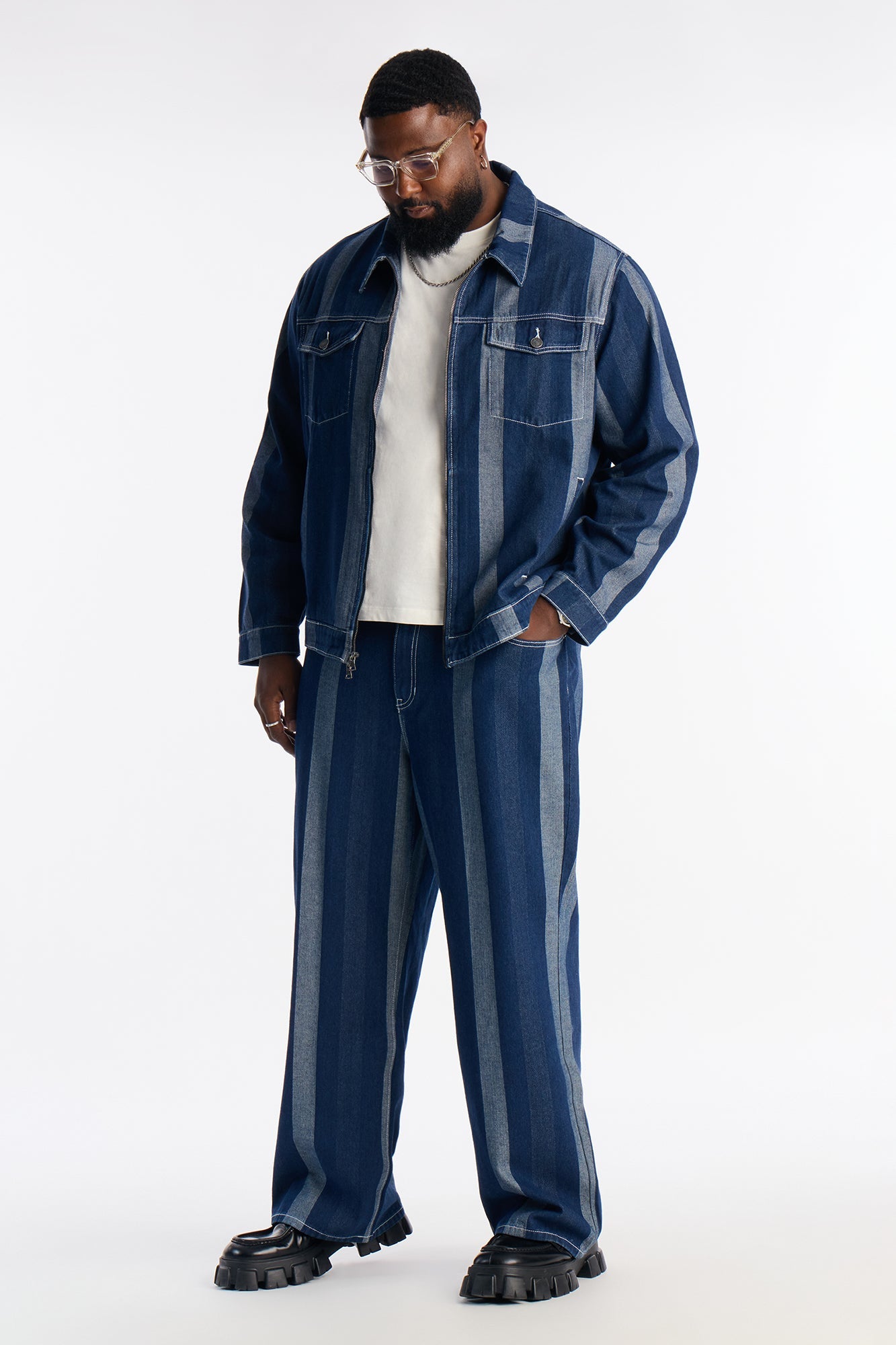 Two Tone Stripe Denim Work Jacket - Dark Wash
