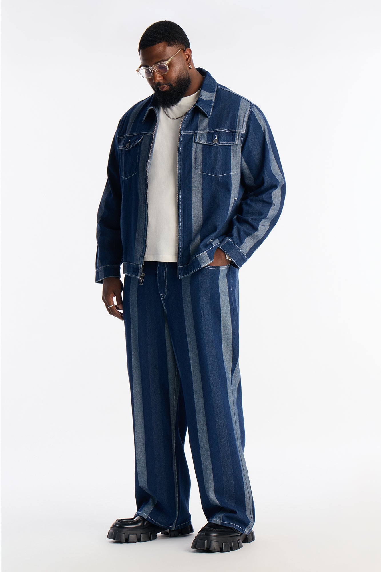 Wide Leg Two Tone Stripe Jean - Dark Wash
