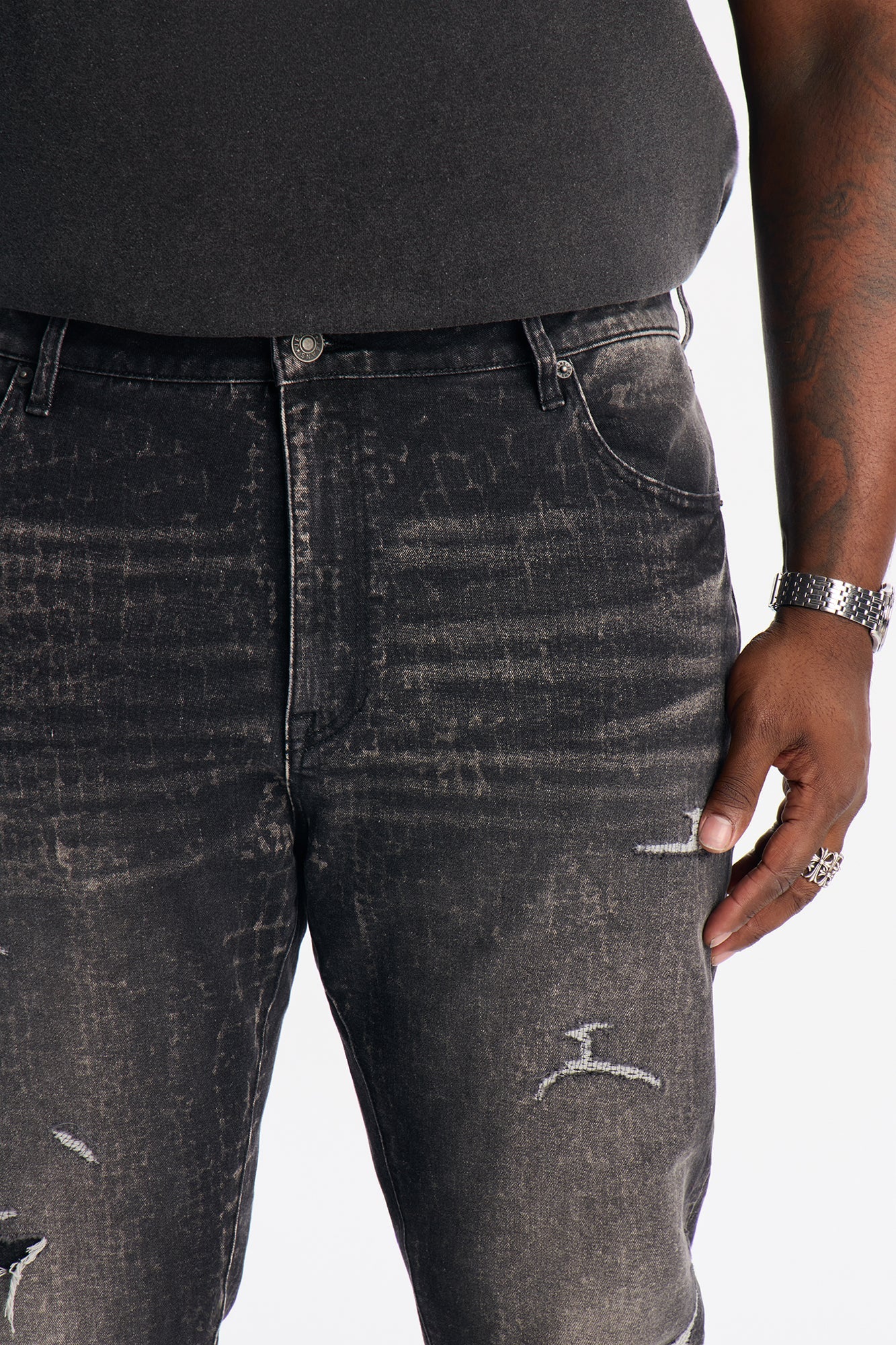 Stacked Skinny Flare Bleach Croc Jean - Black Wash