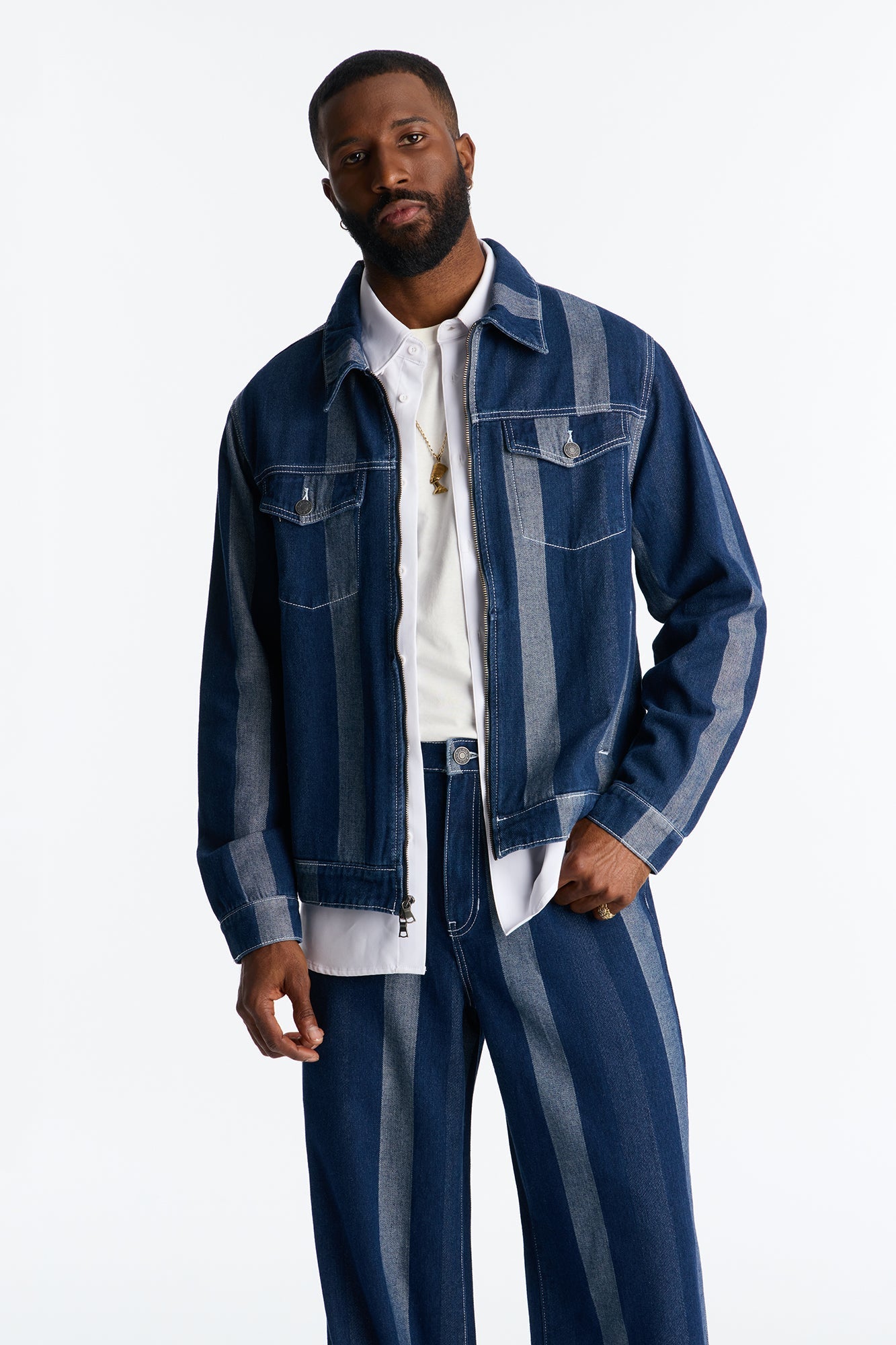 Two Tone Stripe Denim Work Jacket - Dark Wash