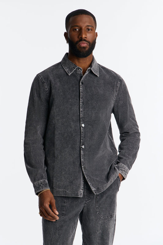 Chi Town Corduroy Button Up Shirt - Acid Wash Black