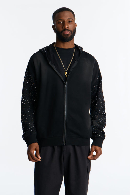 City Code Embellished Zip Up Hoodie - Black