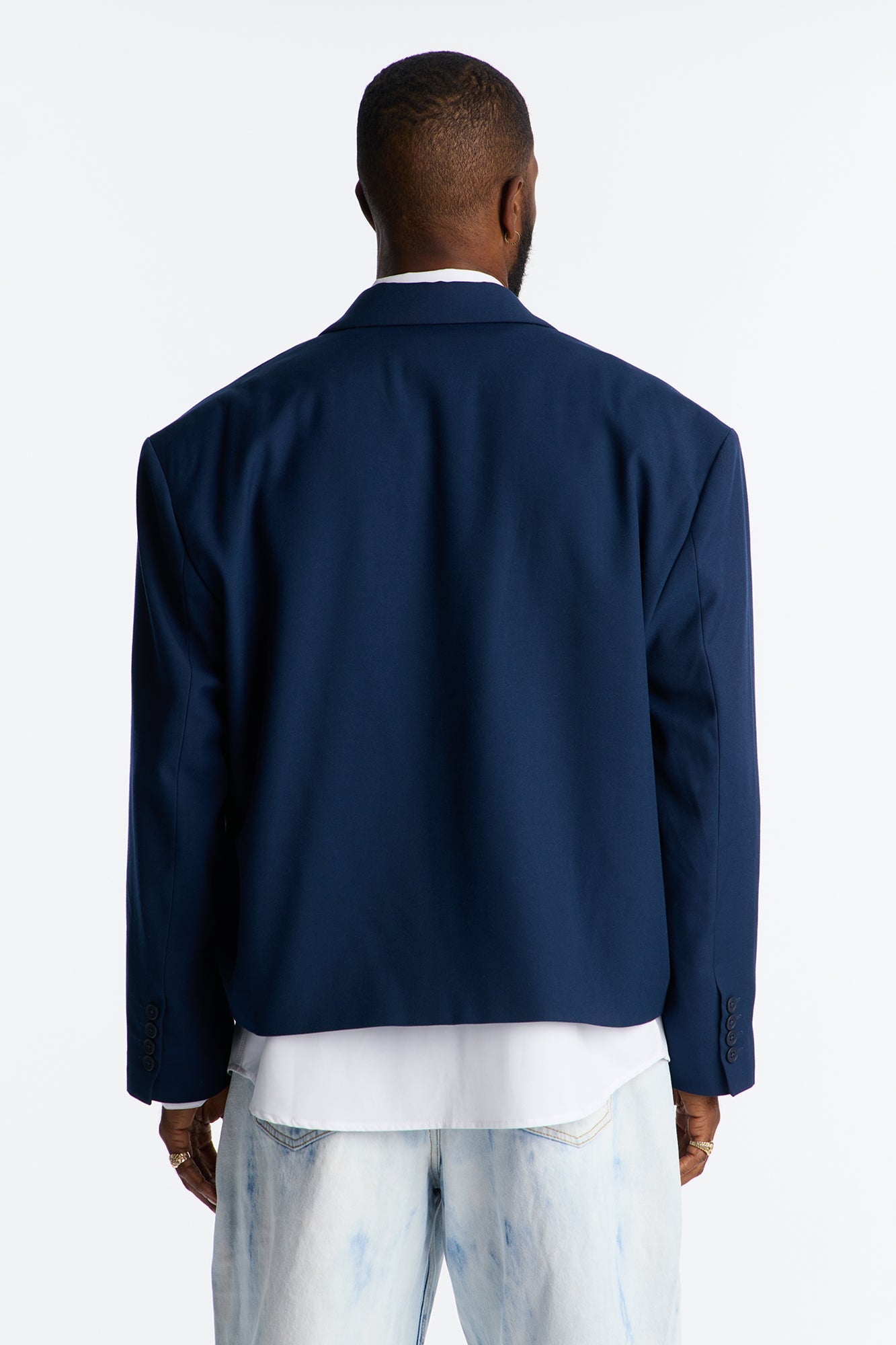 Cropped Peak Lapel Single Breasted Blazer - Navy