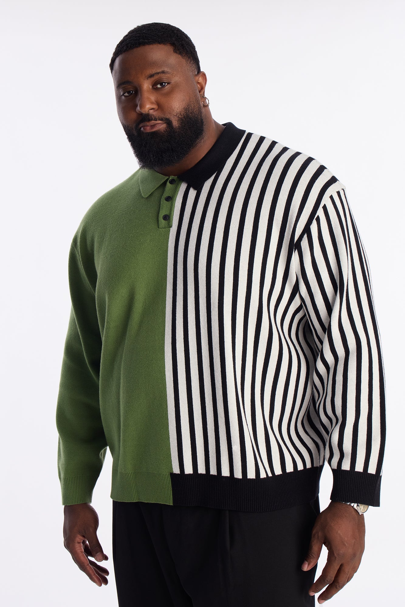 Half Striped Sweater Polo - Green