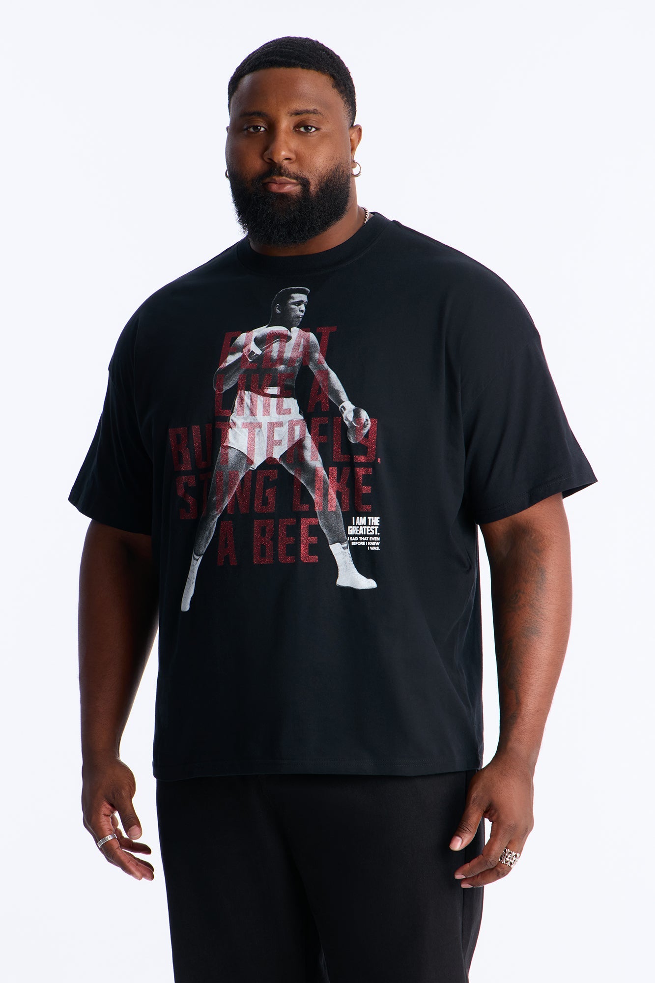 Boxy Muhammad Ali Glitter Printed Short Sleeve Tee - Black
