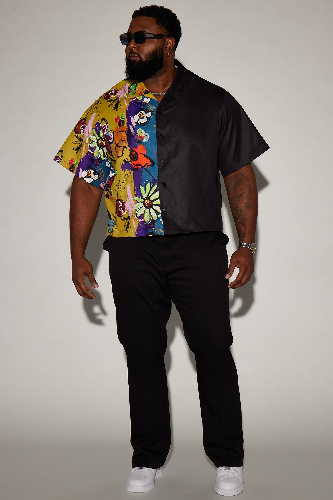 Volos Split Cropped Shirt - Navy/Multi