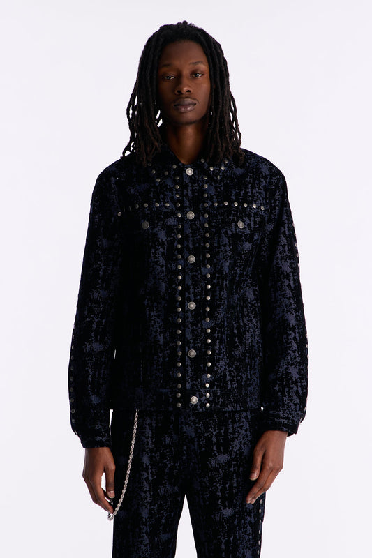 Social Stud Flocked Denim Trucker Jacket - Indigo