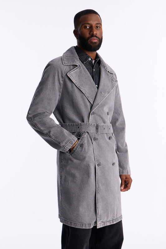 Finesse Double Breasted Denim Trench Coat - Grey