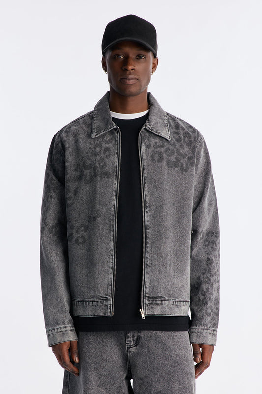 Night Fall Leopard Denim Jacket - Black Wash