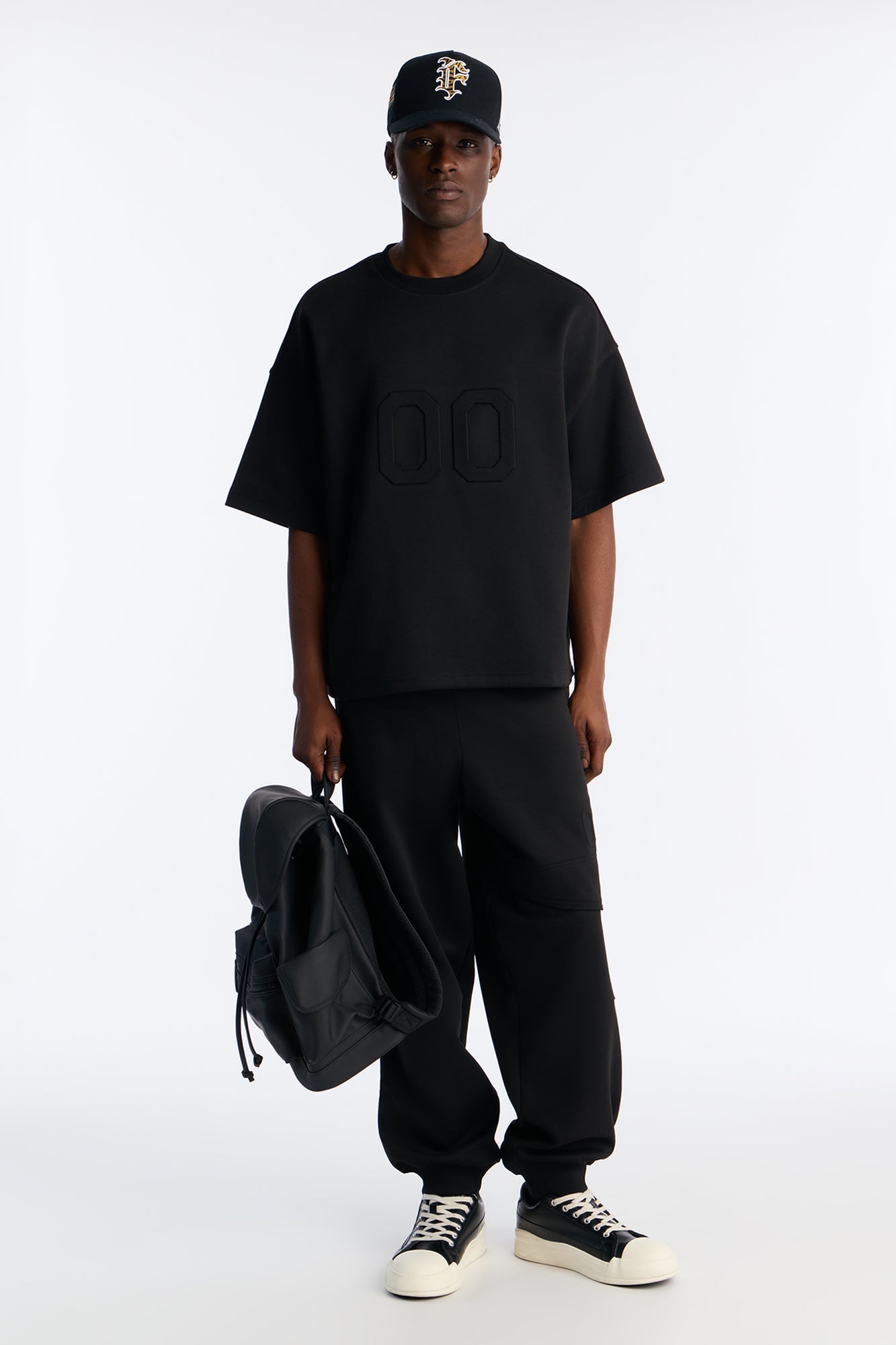 Structured Fleece Embossed Number Tee - Black