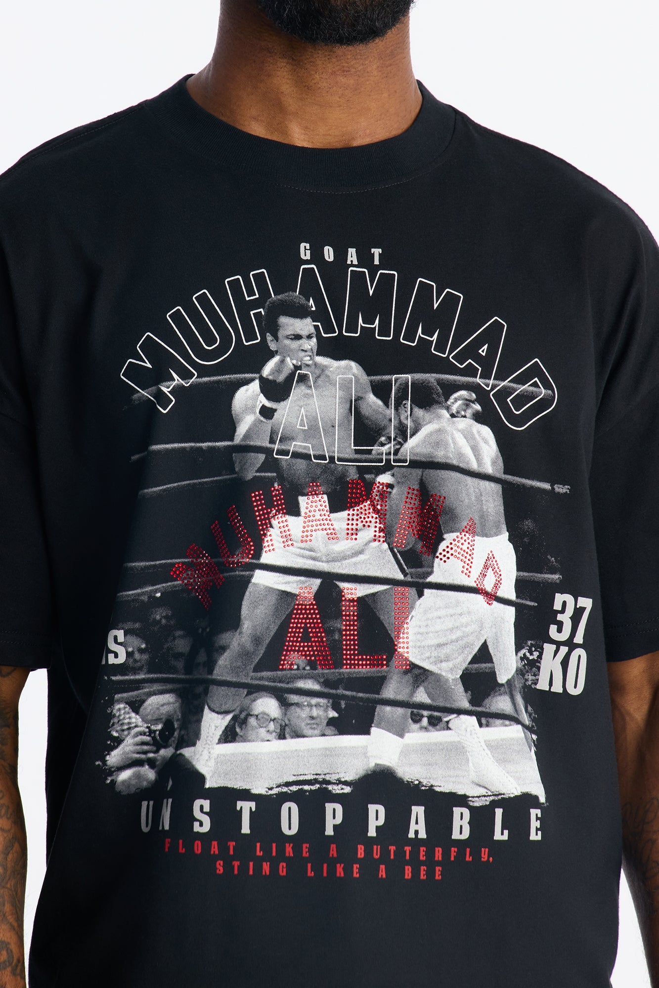 Boxy Muhammad Ali Rhinestone Short Sleeve Tee - Black