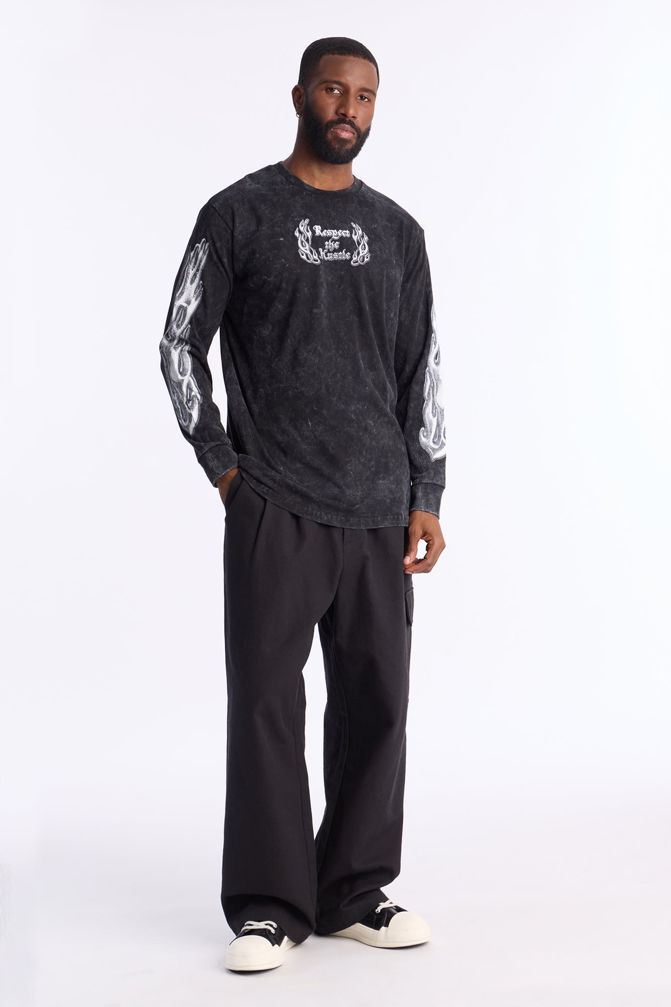 Respect The Hustle Long Sleeve Tee - Black Wash