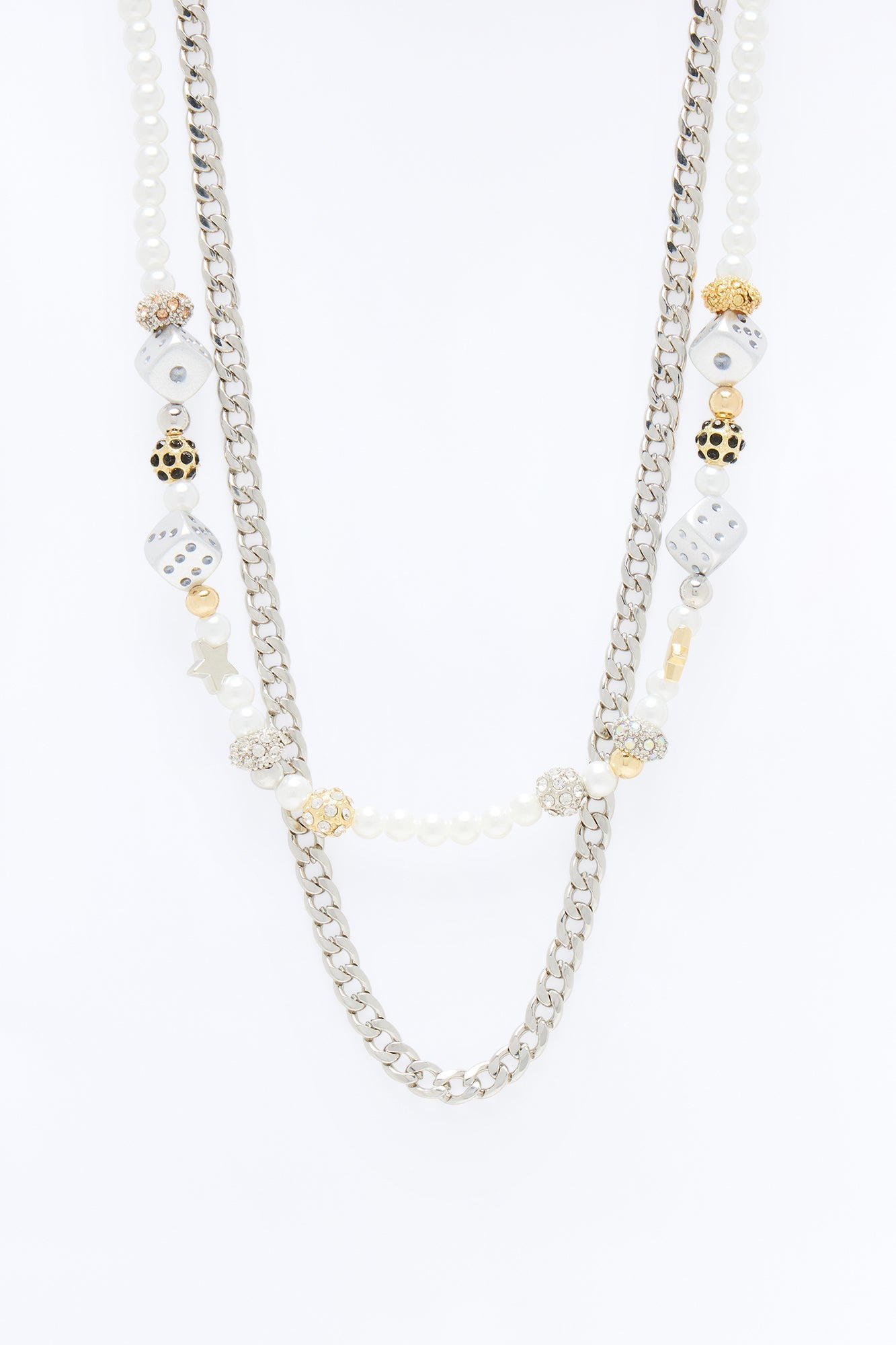 Solid Star Pearl Charm And Cuban Necklace Set - Silver