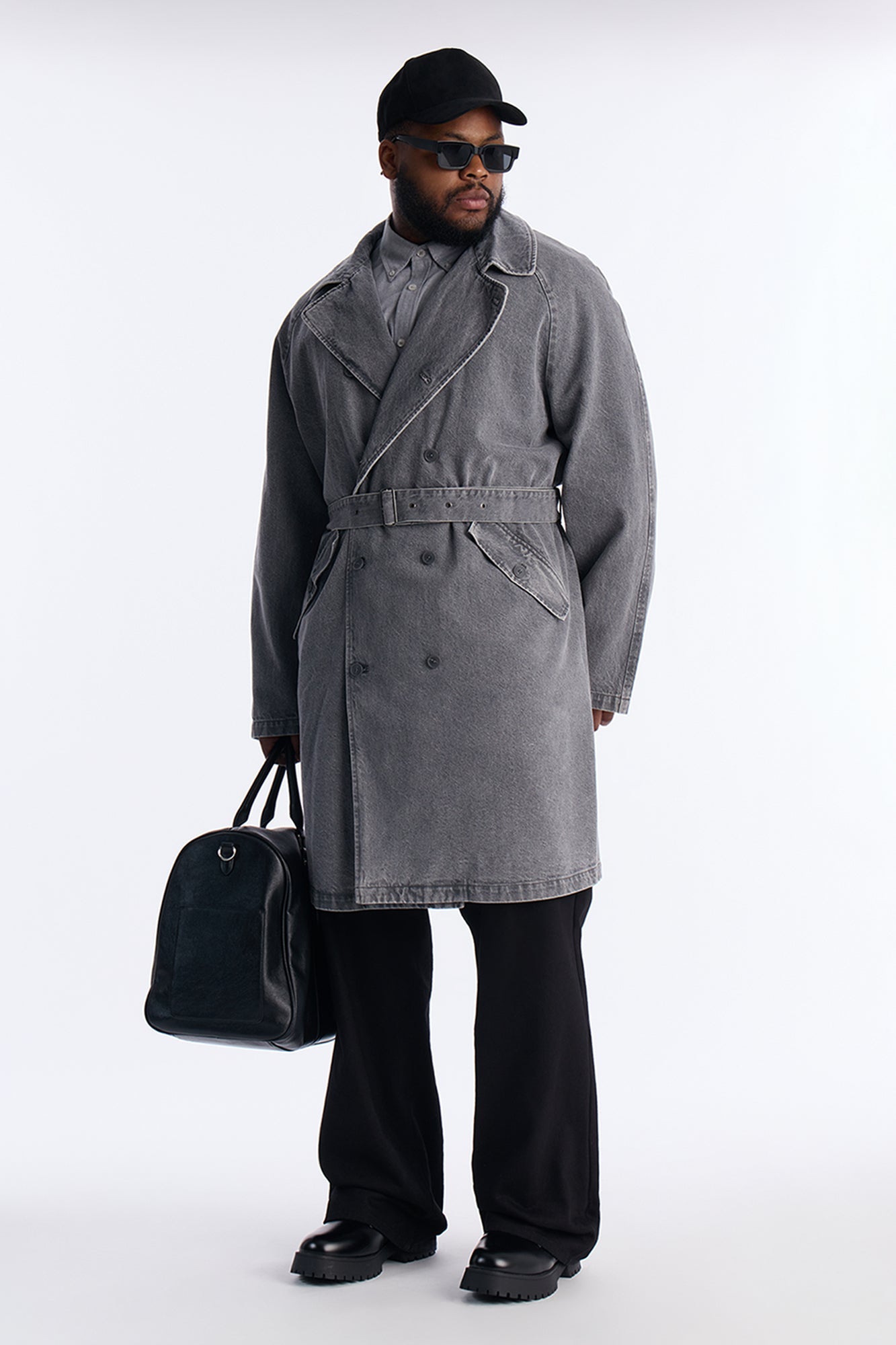 Finesse Double Breasted Denim Trench Coat - Grey